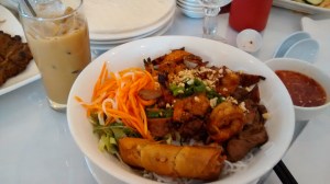 Vermicelli  with Grilled pork and shrimp and egg rolls (Bun Thit Nuuong Tom Cha Gio)